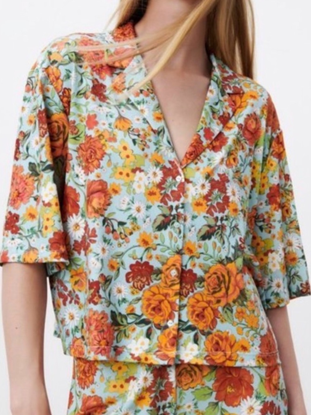 Zara Floral Button-Down Shirt in Light Blue, Orange and Yellow